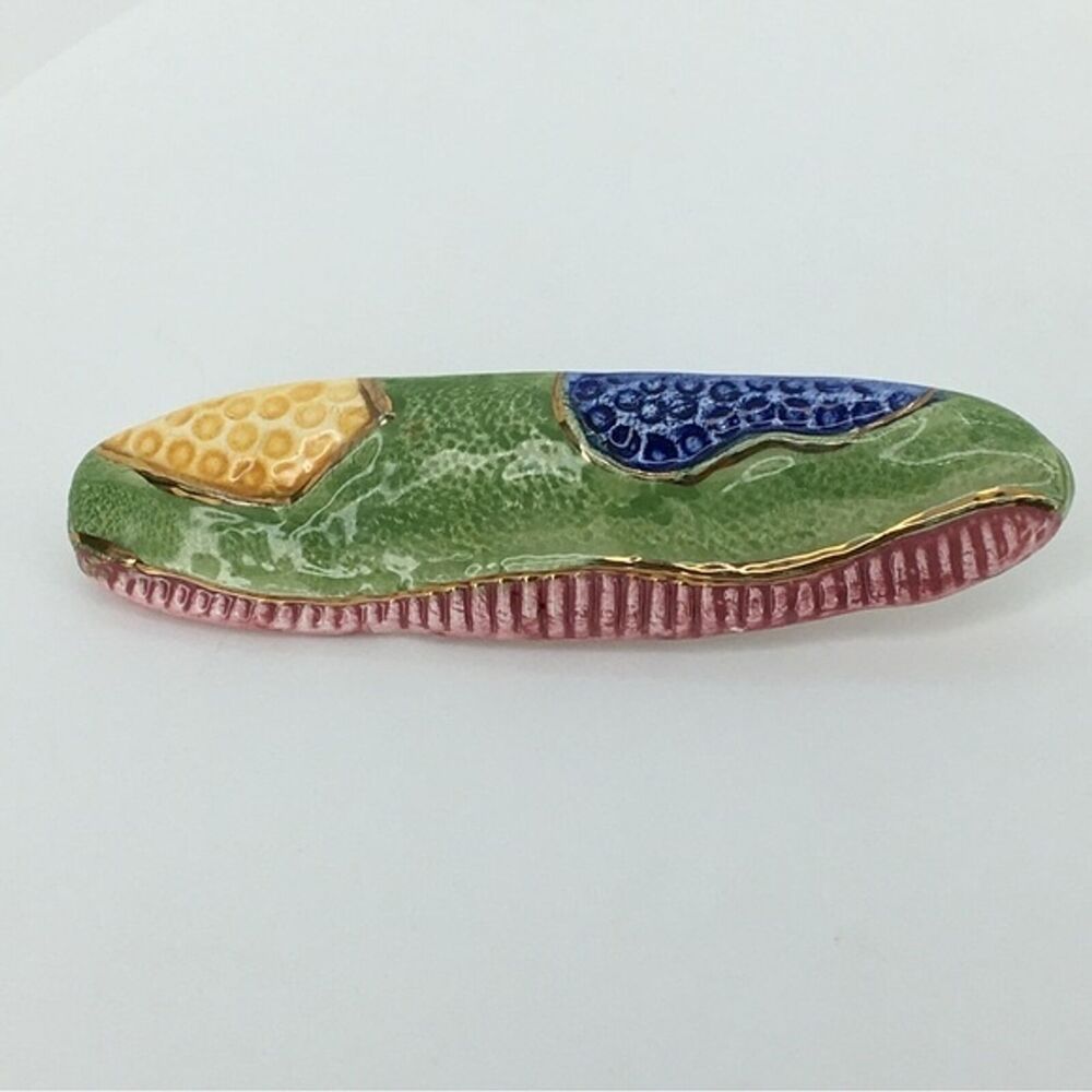 Handmade Statement Glazed Pottery Abstract Gold Oval Brooch‎ Pin Artsy